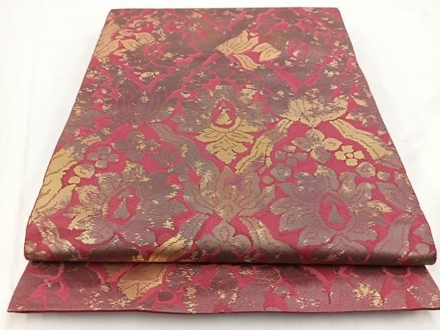 くっちーに様［6154］袋帯 美品 西陣織 服部織物 六通 逸品 正絹 着物 平和屋着物◎西陣 服部織物謹製 六通柄袋帯 こはく錦 更紗花文 金糸