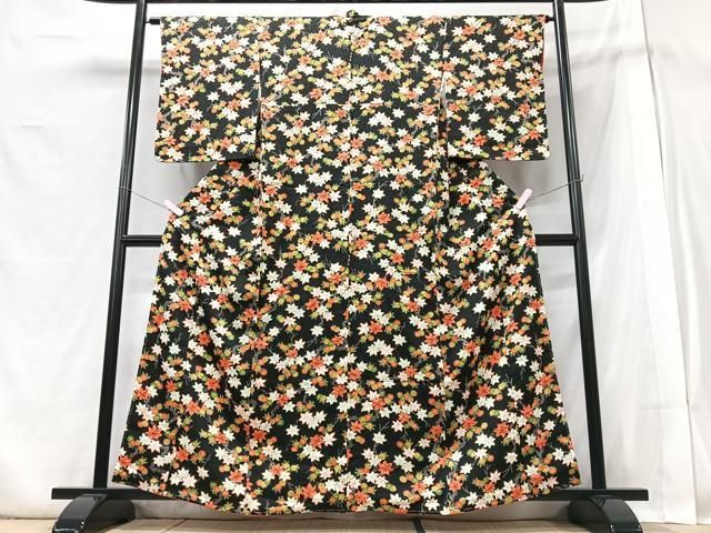 平和屋着物□上質な小紋 草花文 黒地 正絹 逸品 未使用 CABB2826xe