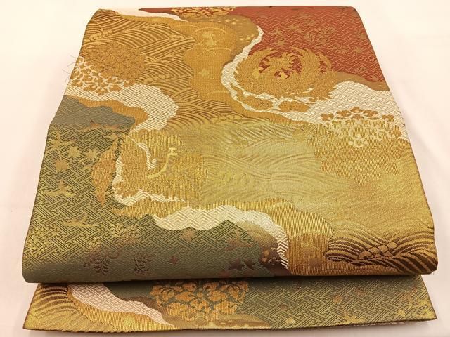 平和屋着物◎佐賀錦 両面 六通柄袋帯 鳳凰飛鶴花文 金糸 正絹 逸品