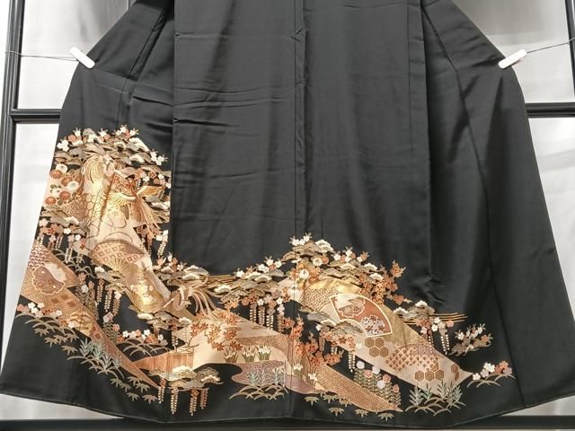 平和屋着物□豪華黒留袖 駒刺繍 檜扇鳳凰花文 金彩 正絹 逸品