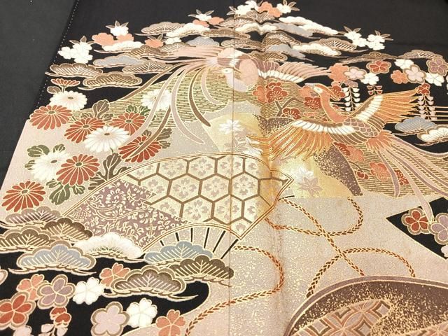 平和屋着物□豪華黒留袖 駒刺繍 檜扇鳳凰花文 金彩 正絹 逸品