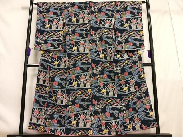 平和屋着物□上質な小紋 型染め 花鳥文 鬼しぼ縮緬 正絹 逸品