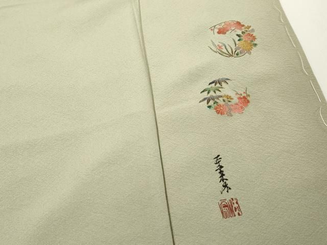 平和屋着物▽上質な色無地　単衣　花尽くし地紋　裏葉柳色　正絹　逸品　AABD0156fy 平和屋着物□上質な色無地 作家物 ワンポイント 裏葉柳色 正絹 逸品