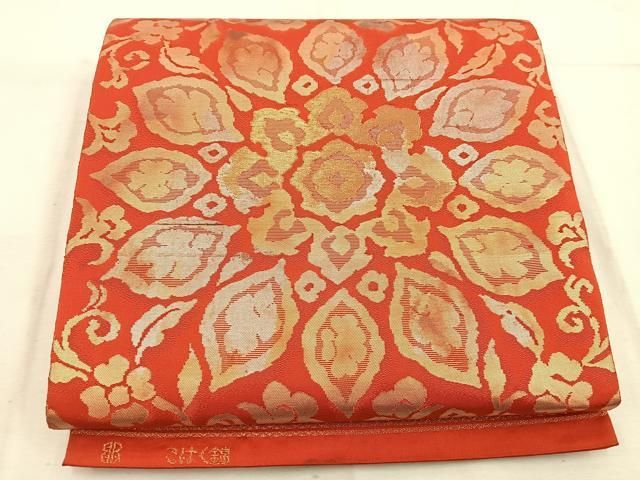 平和屋着物◎西陣 服部織物謹製 六通柄袋帯 こはく錦 草花文 金糸 正絹