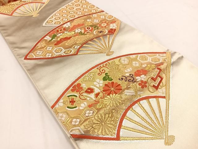 平和屋着物◎西陣 六通柄袋帯 唐織 扇面宝尽くし花文 金銀糸 証紙付き
