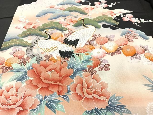 平和屋着物□豪華黒留袖 駒刺繍 吉祥花鳥文 鶴 暈し染め 金彩 正絹