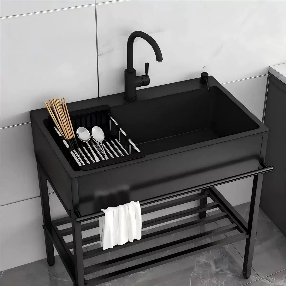 大好評 黒 流し台 ガーデンシンク キッチンシンク 置き場付き シングル 屋外用 錆びず ステンレス製簡易排水シンク 屋内 ガレージ用大容量自立型シンク 業務用厨房流し