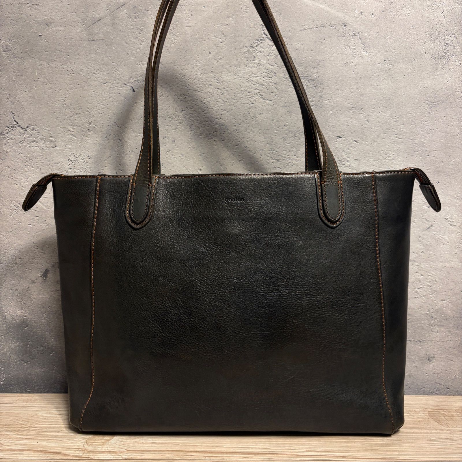 genten ゲンテン 本革 レザートート ダークグリーン 大容量 収納多数 通勤 通学 革バッグ