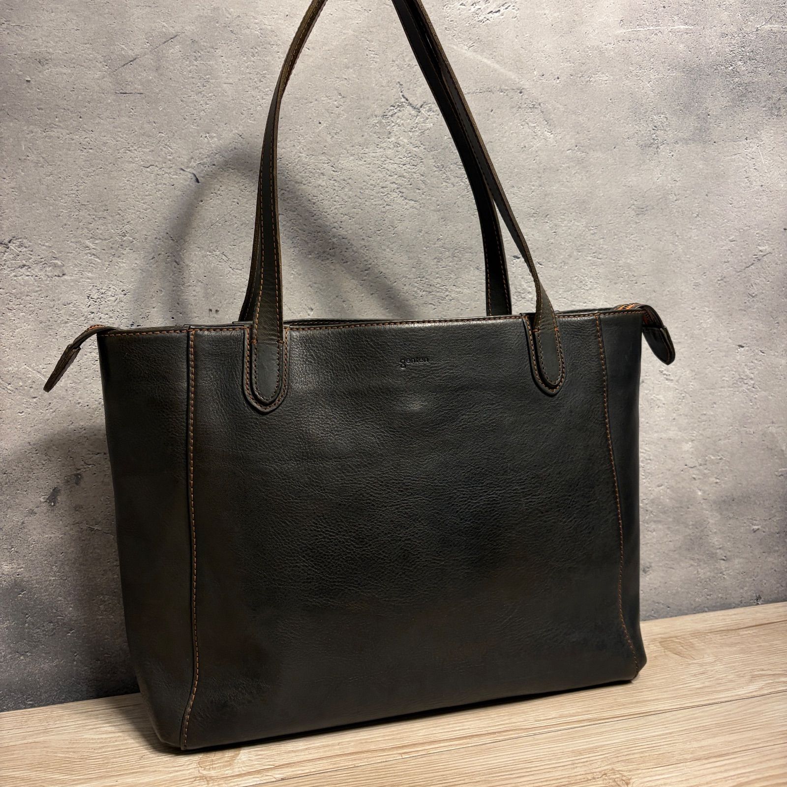 genten ゲンテン 本革 レザートート ダークグリーン 大容量 収納多数 通勤 通学 革バッグ