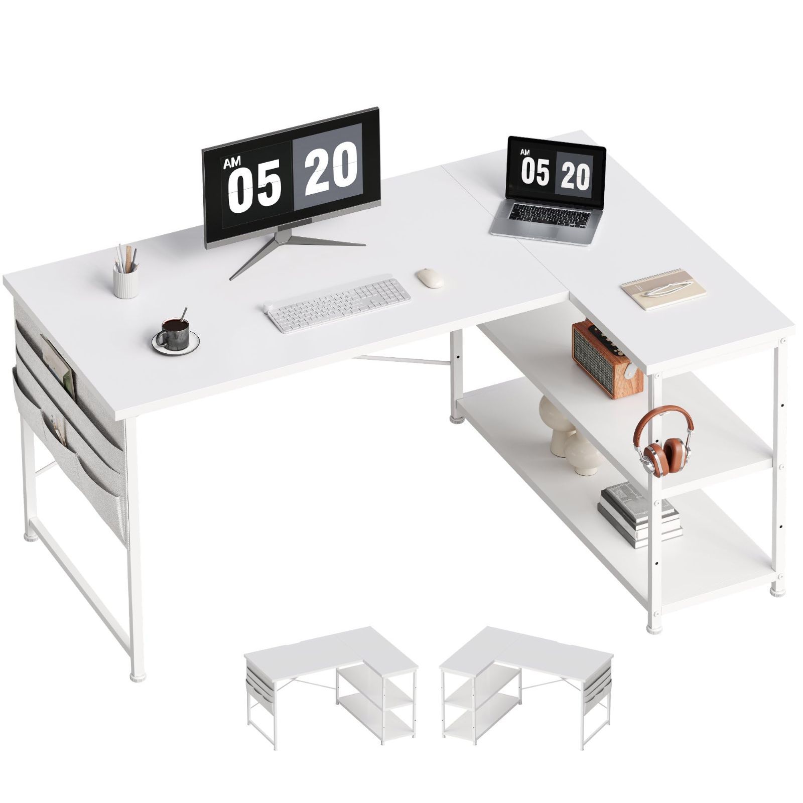 l字デスク 机 pcデスク ゲーミングデスク 右棚左棚 幅107cm 学習机 ゲーミングテーブル パソコンデスク 勉強机 収納袋付き作業机 白い