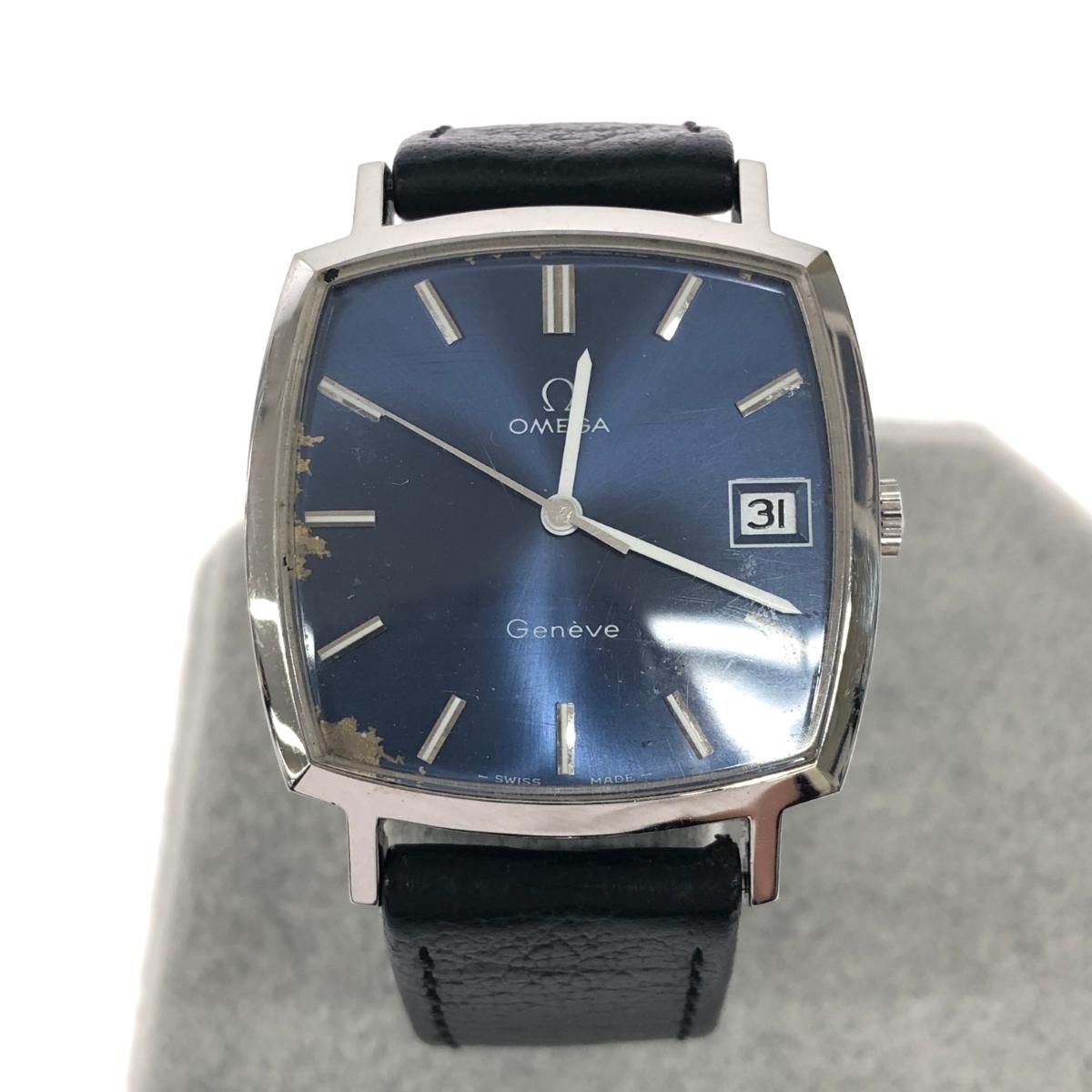 OMEGA オメガ ジュネーブ 手巻き腕時計 スクエア型 青文字盤 3針 デイト ヴィンテージ品 シルバー メンズ