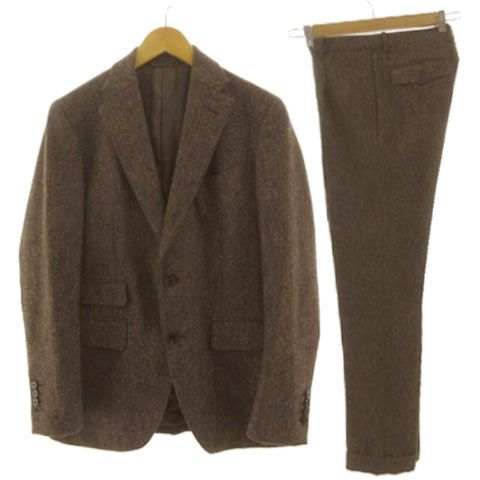 【中古】Bishitto ムーン MOON 英国製生地 ツイードスーツ ジャケット パンツ 裾ダブル 茶 ベージュ 44-6Drop S ビシット Bishitto ムーン MOON 英国製生地 ツイードスーツ ジャケット
