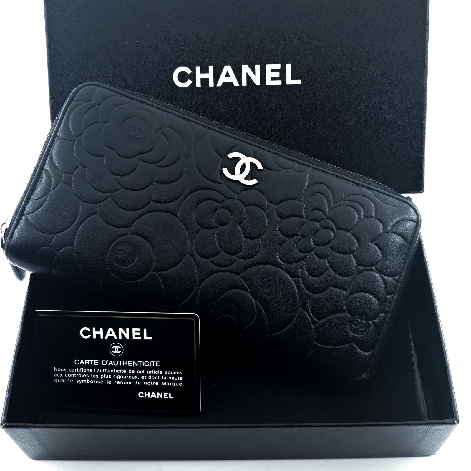 美品✨】シャネル CHANEL 長財布 カメリア 型押し ラウンドジップ ぶ