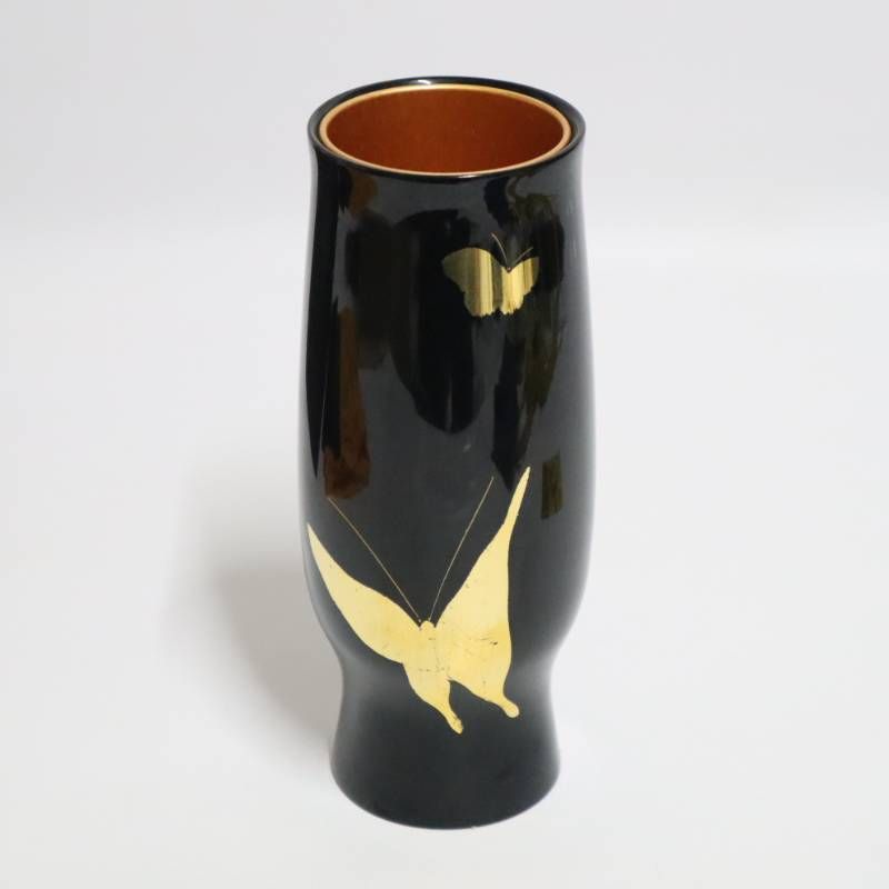輪島塗 花生 金蒔絵 蝶文様 共箱付き 黒漆 花瓶 花器 漆器 伝統工芸