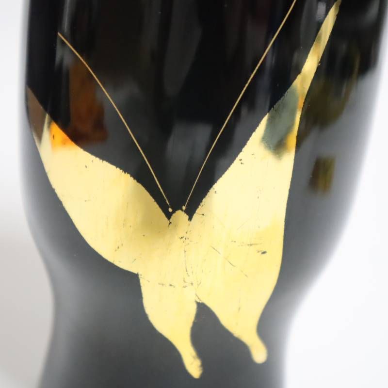 輪島塗 花生 金蒔絵 蝶文様 共箱付き 黒漆 花瓶 花器 漆器 伝統工芸