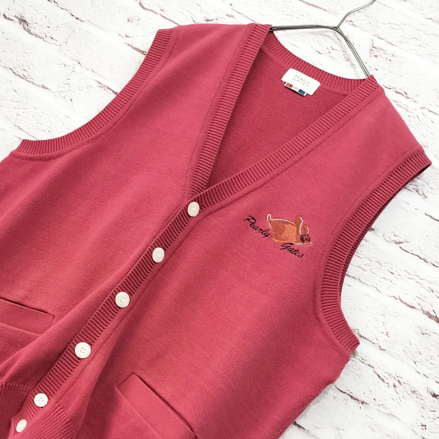 美品】PEARLY GATES コットン ニット ベスト ロゴ刺繍 2ポケット 日本