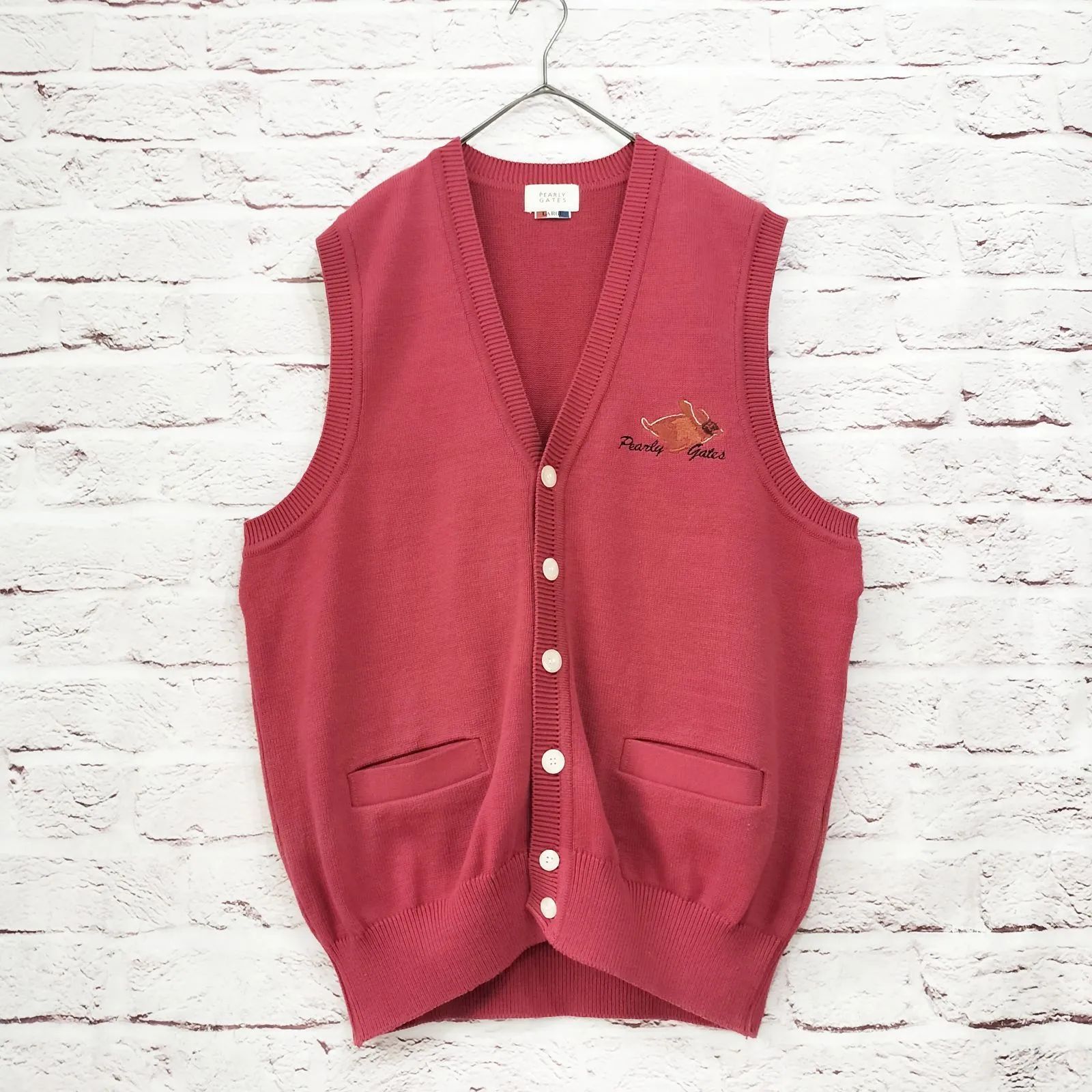 美品】PEARLY GATES コットン ニット ベスト ロゴ刺繍 2ポケット 日本