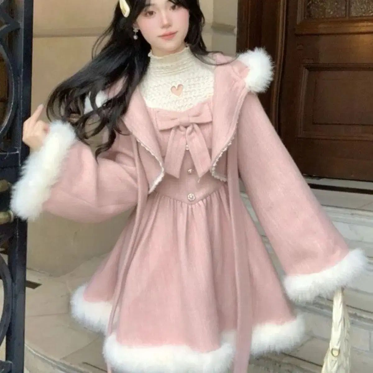 ロリータ ファッション プリンセス フード ケープ ノースリーブ スカート ウール セット 2 COLOR