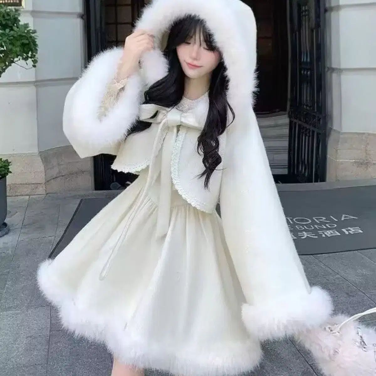 ロリータ ファッション プリンセス フード ケープ ノースリーブ スカート ウール セット 2 COLOR