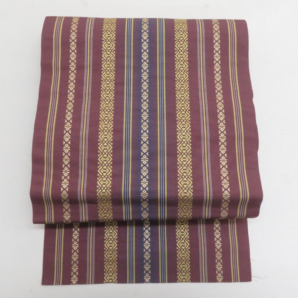 名古屋帯 八寸帯 正絹 小豆色ｘ黄色ｘ紫色 献上柄 全通柄 カジュアル 仕立て上がり 着物帯 長さ374 cm