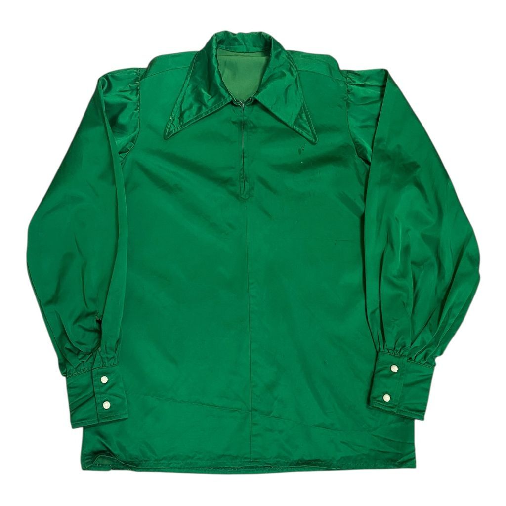 70 s サテン ハーフジップ プルオーバーシャツ デカ襟 コスチューム系 緑 No 037