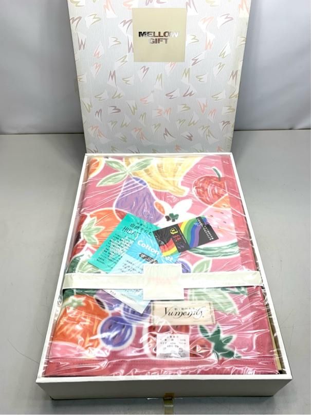 昭和レトロ　コットンケット　MELLOW　GIFT　140×200　綿100％　フルーツ柄　ピンク　ヴィンテージ A7281A12