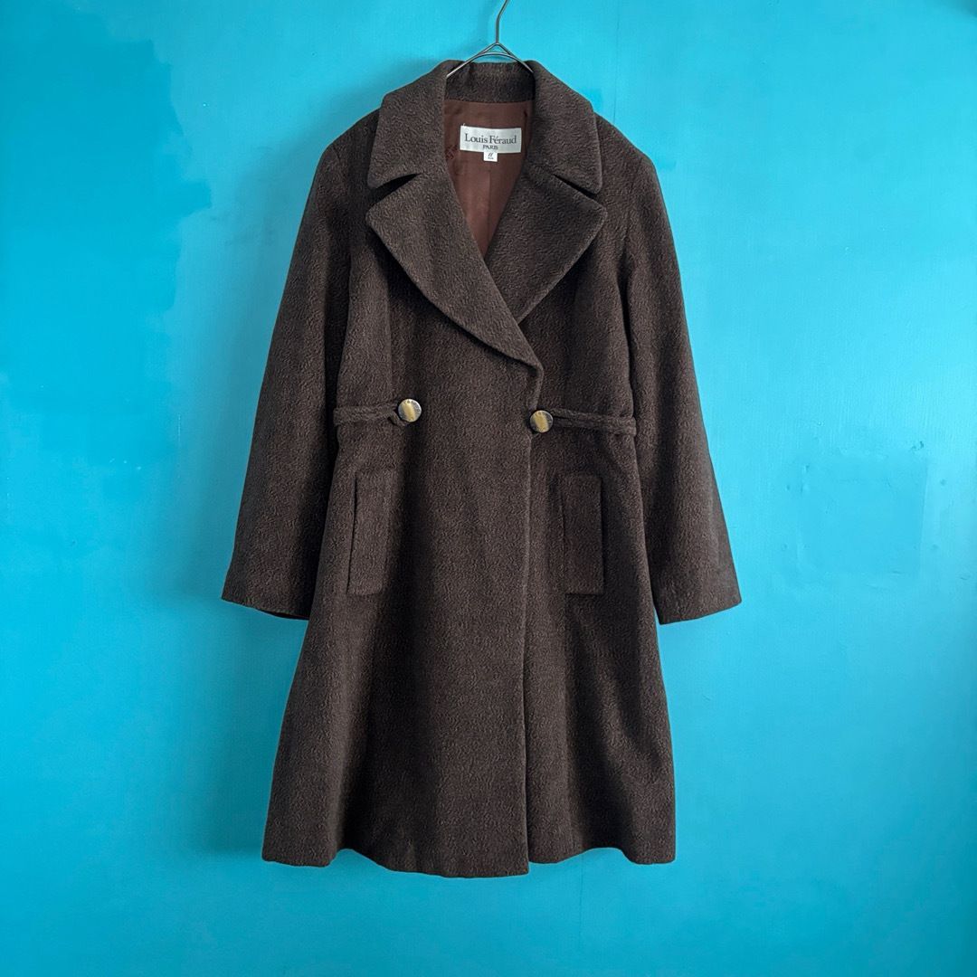 ルイフェロー アンゴラ混 ロングコート 11号 ブラウン ウール ロゴボタン