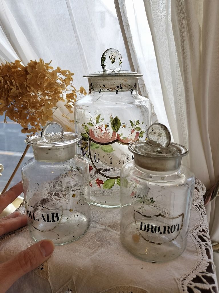 フランス アンティーク 絵つき 吹きガラス ガラス瓶 ポット 3点セット 1900年