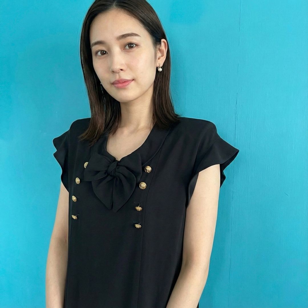 1153 ピンクハウス ロング マキシワンピース 黒 リボン 金ボタン 獅子