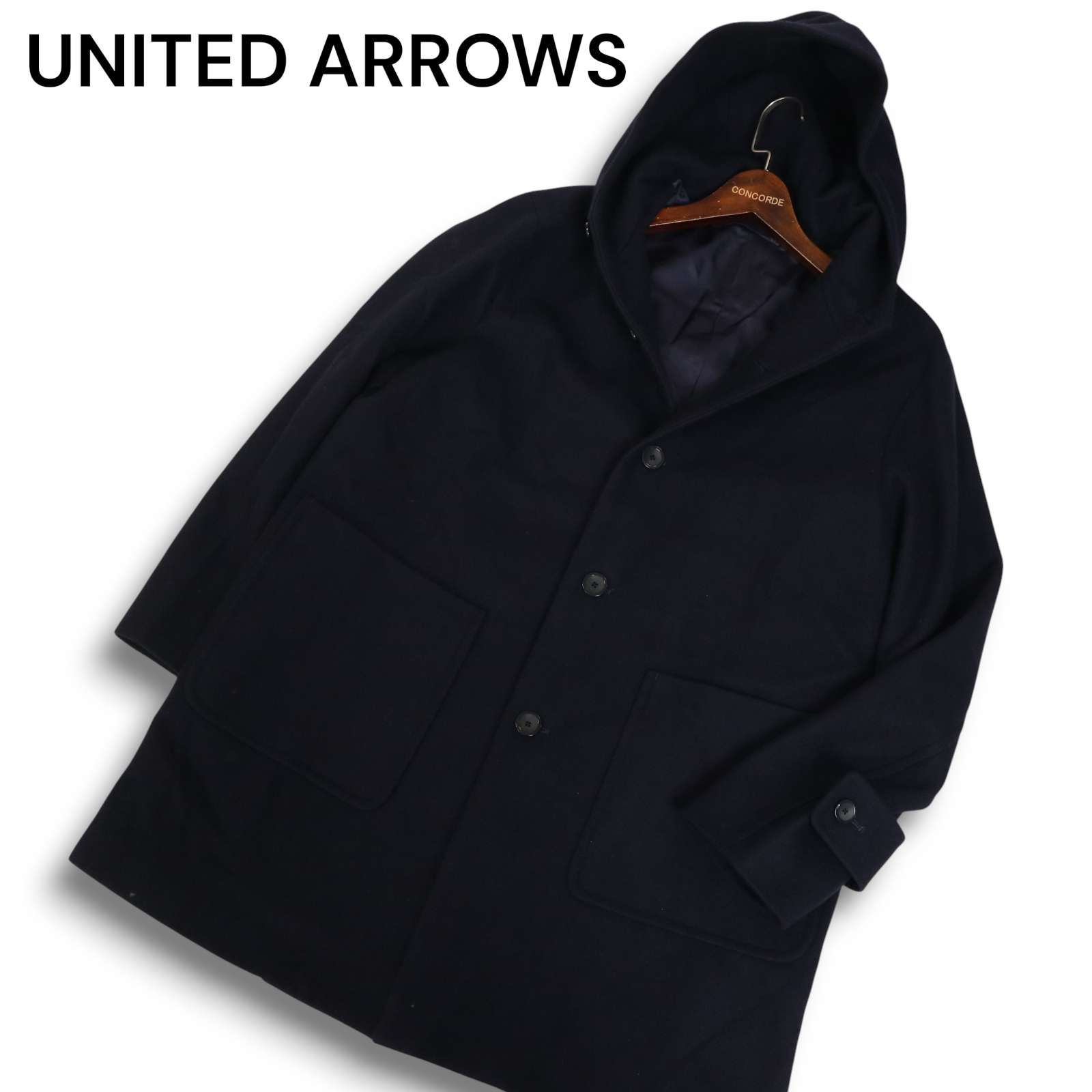 UNITED ARROWS ユナイテッドアローズ 秋冬 ライトメルトン ウール フーデッド コート Sz.L メンズ ネイビー 定価4.6万
