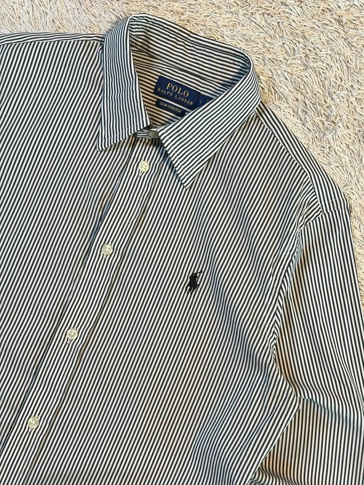 ラルフローレン　ブラック×ホワイト　ストライプシャツLサイズブラックポニーOVY 美品 ラルフローレン ストライプシャツ ブラック ホワイト サイズ7