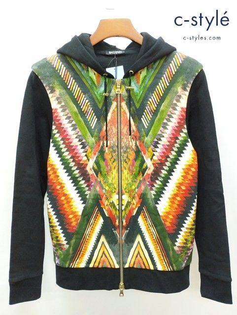 L 763 BALMAIN バルマン BHR C S ZIP HOODIE INCA PRINT パーカー XS ブラック 柄