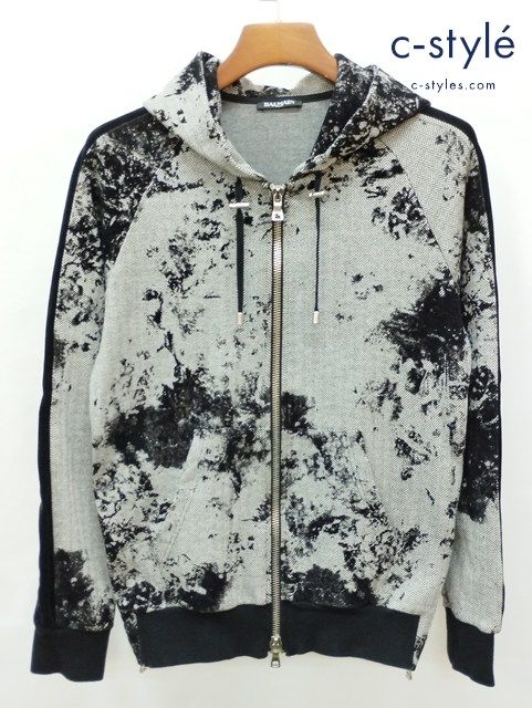 L 775 BALMAIN バルマン BH 2 C-S HOODIE MARBLE パーカー XS グレー×ブラック
