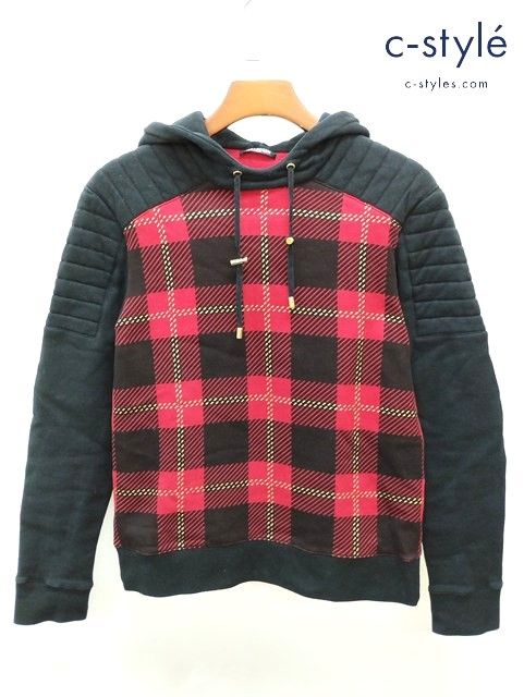 L 774 BALMAIN バルマン CHECK HOODIE パーカー XS ブラック×レッド チェック