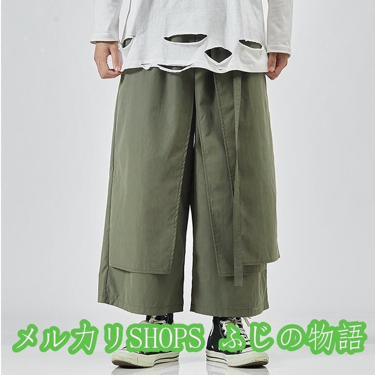 ワイドパンツ重ね着風ガウチョパンツメンズM-5XL個性派ゆったりスカート変形大きいサイズ袴パンツV系ストリート系春秋2222