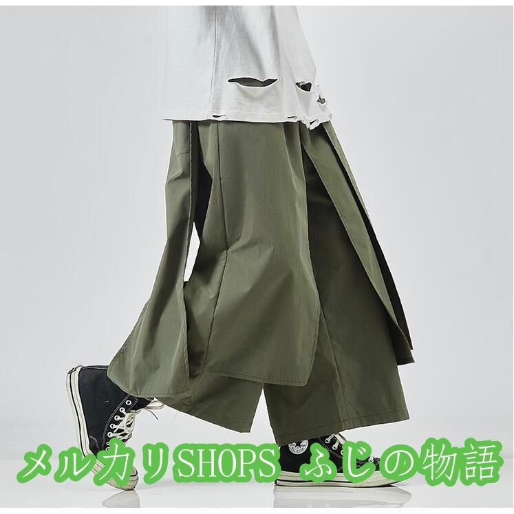 ワイドパンツ重ね着風ガウチョパンツメンズM-5XL個性派ゆったりスカート変形大きいサイズ袴パンツV系ストリート系春秋2222