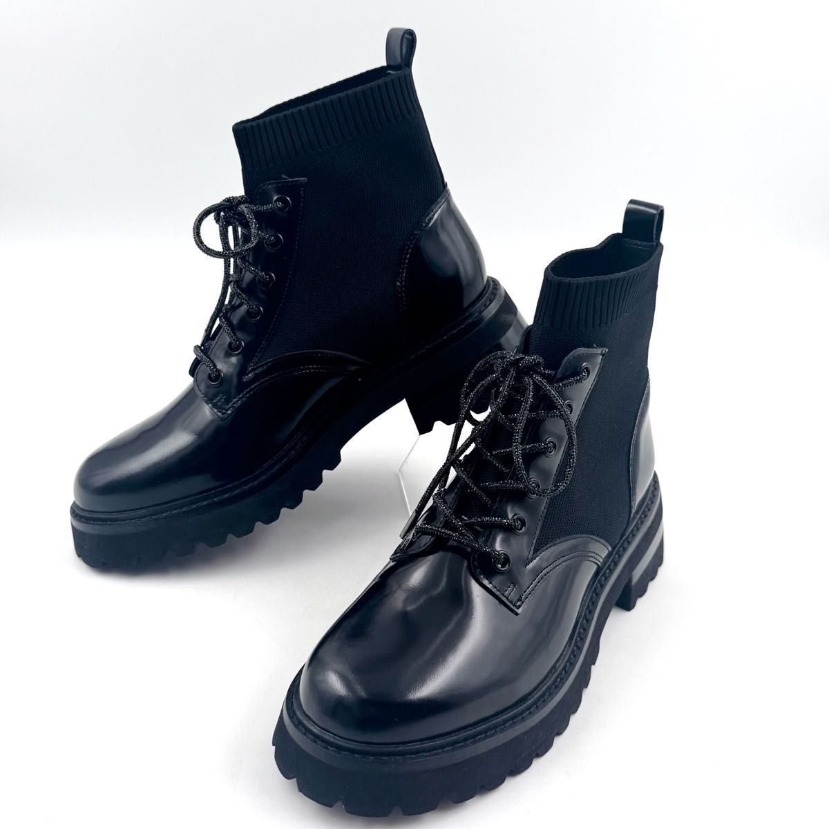 スタッカート リード ニット コンビ レースアップ ブーツ グリッター 紐 厚底 黒 24.5
