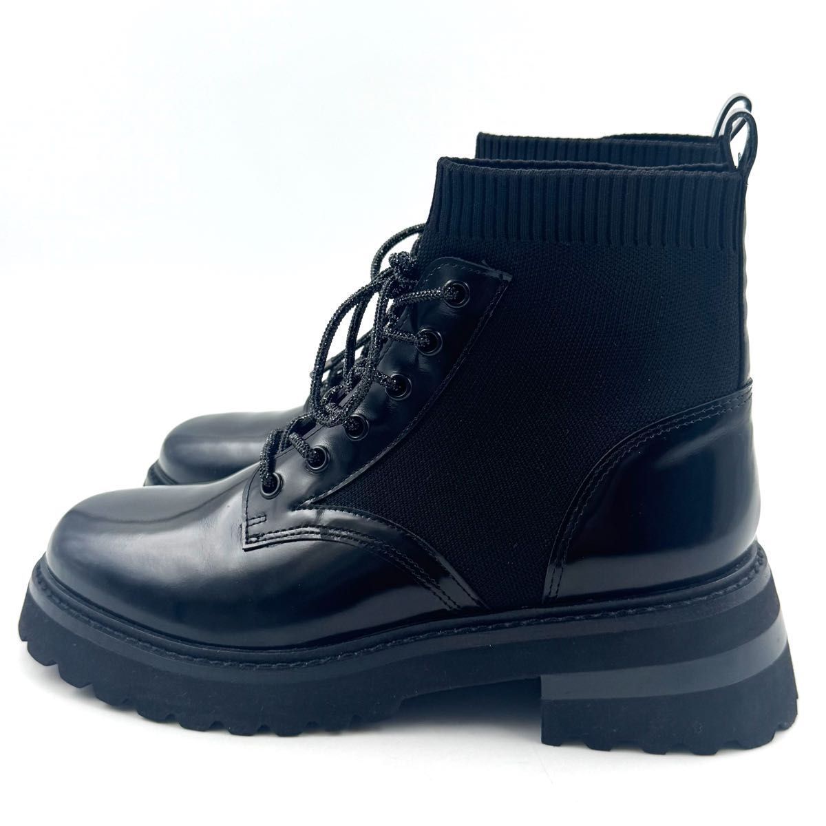 スタッカート リード ニット コンビ レースアップ ブーツ グリッター 紐 厚底 黒 24.5