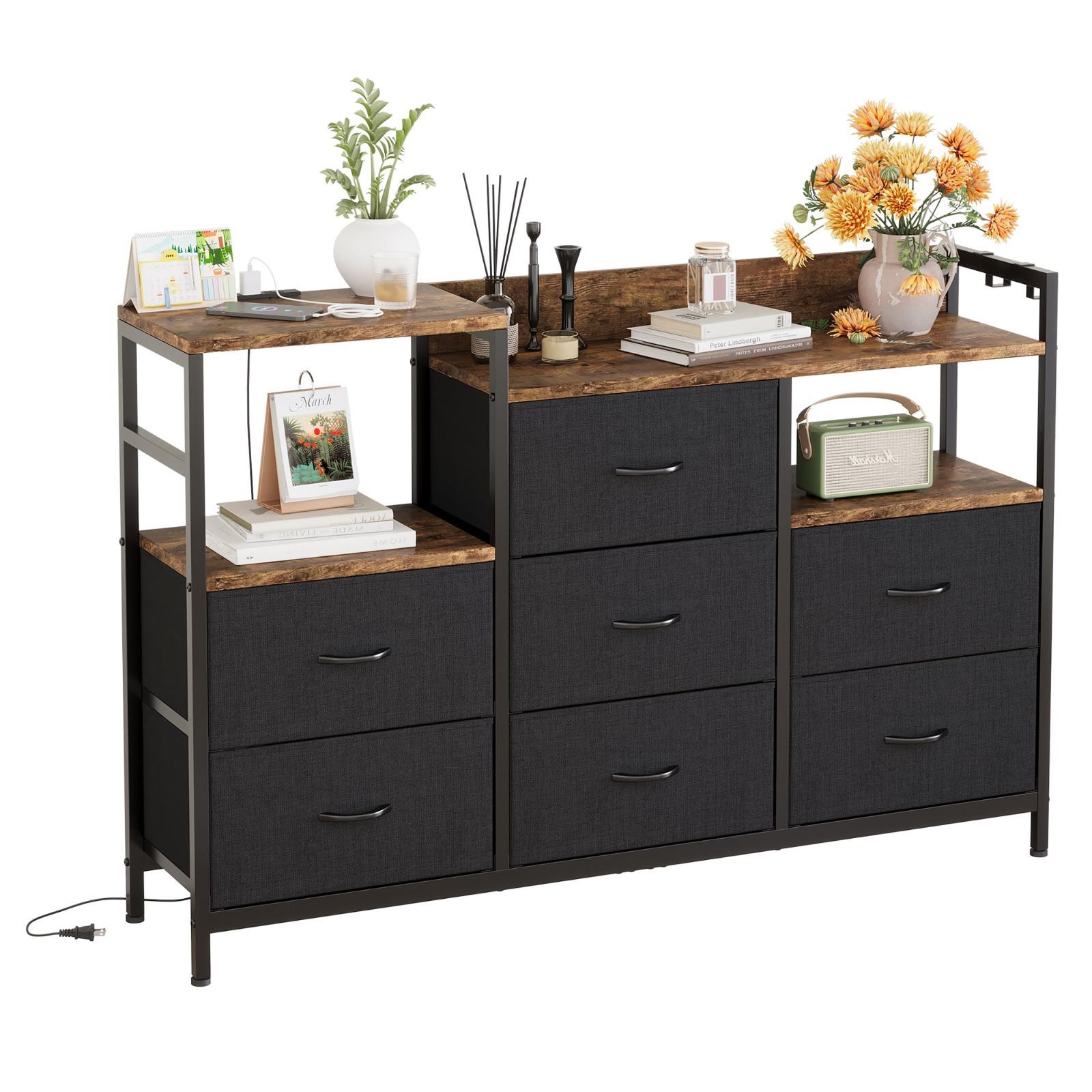 転倒防止 布製引き出し おしゃれ 収納ケース 大容量 洋服収納 衣類チェスト 箪笥 洋服ダンス 3段7杯 コンセント付き ビンテージ タンス 幅132×奥行30×高さ87.4 cm チェスト