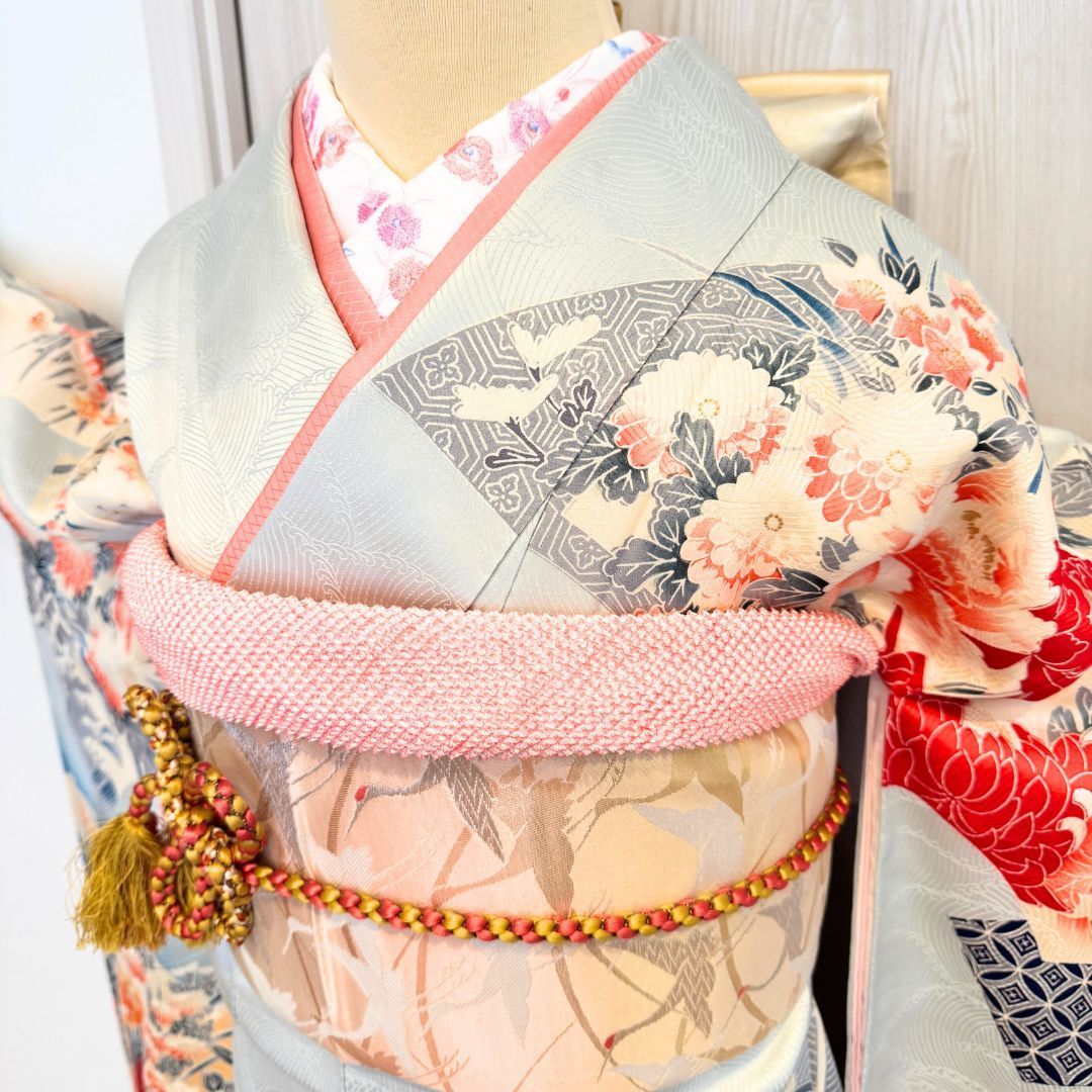 お振袖フルセット　7点セット　トールサイズ　青　本格現代古典　正絹　美品 希少トールサイズ 振袖 6点フルセット 水色×青地 正絹 袋帯 成人式 前