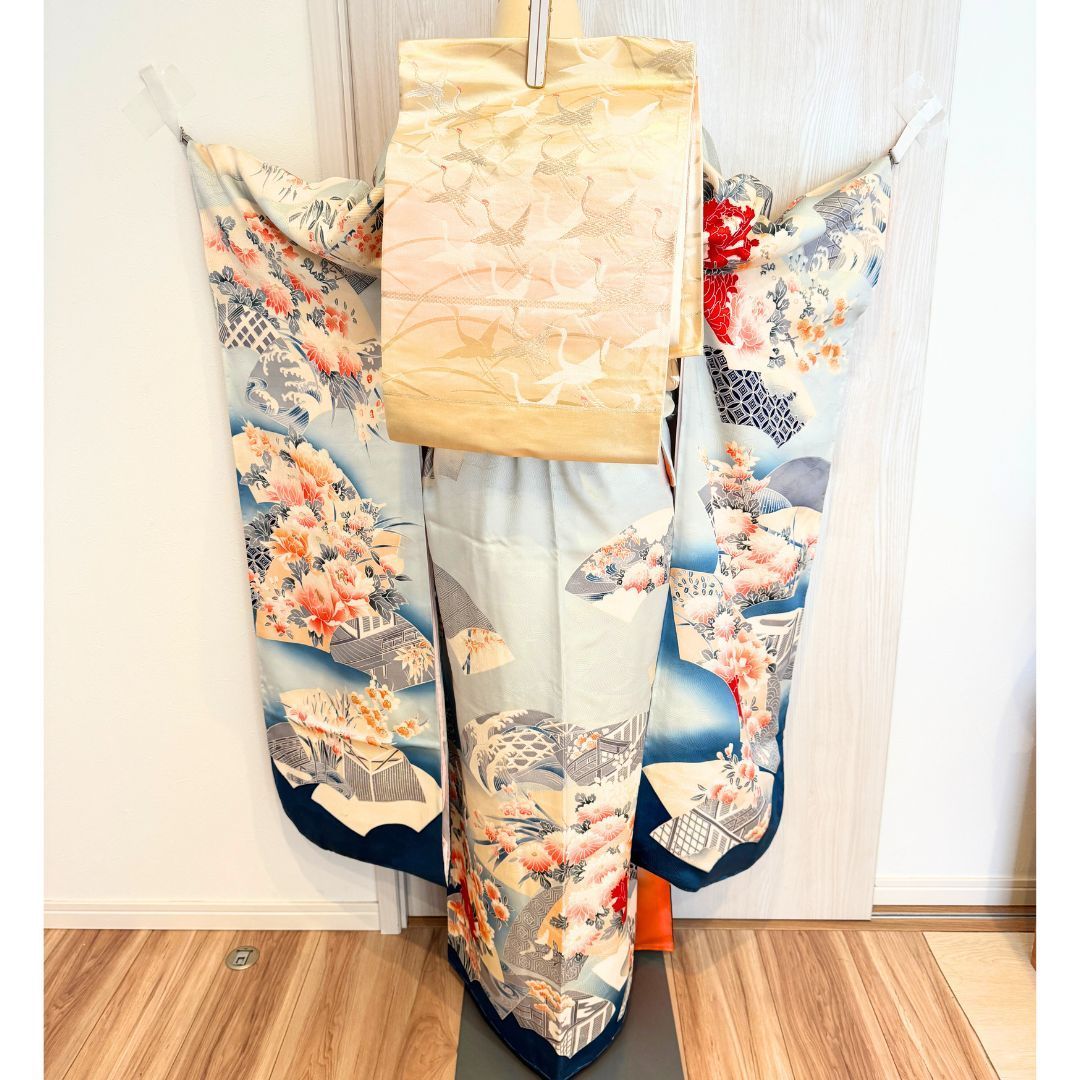 トールサイズ 振袖 6点フルセット 水色×青地 正絹 袋帯 成人式 前撮り 身丈164 cm furisode kimono blue