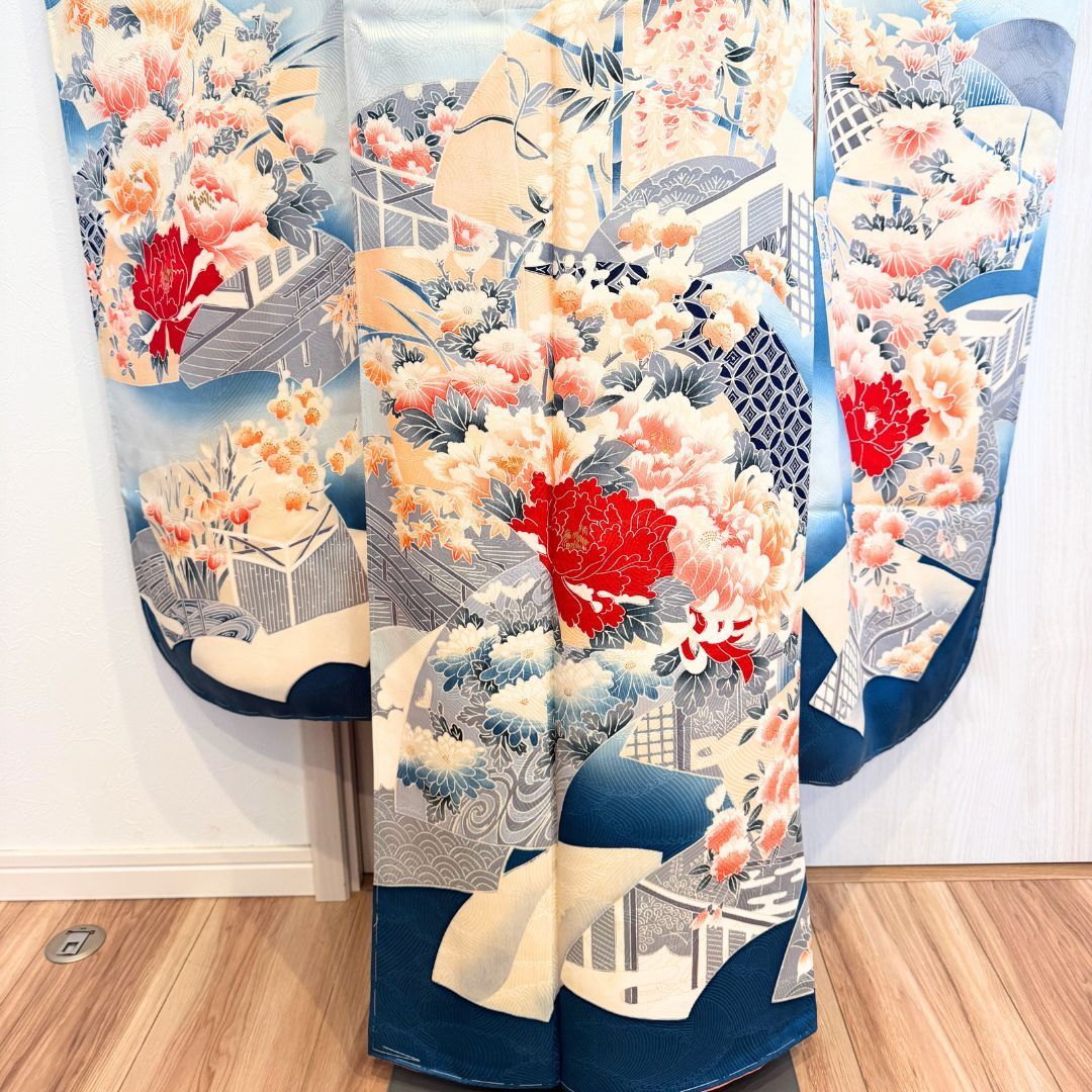 お振袖フルセット　7点セット　トールサイズ　青　本格現代古典　正絹　美品 希少トールサイズ 振袖 6点フルセット 水色×青地 正絹 袋帯 成人式 前