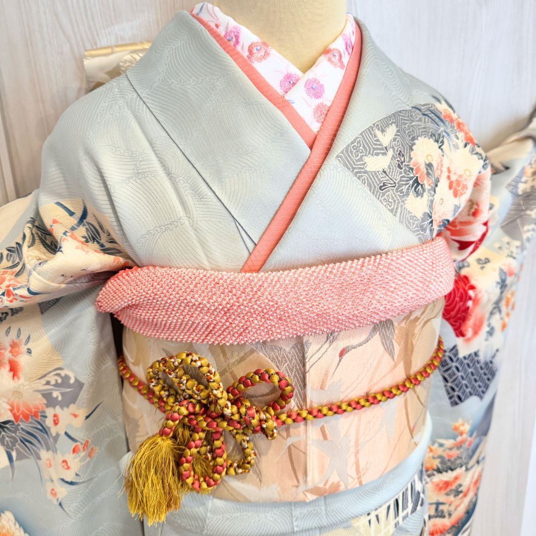 希少トールサイズ 振袖 6点フルセット 水色×青地 正絹 袋帯 成人式 前