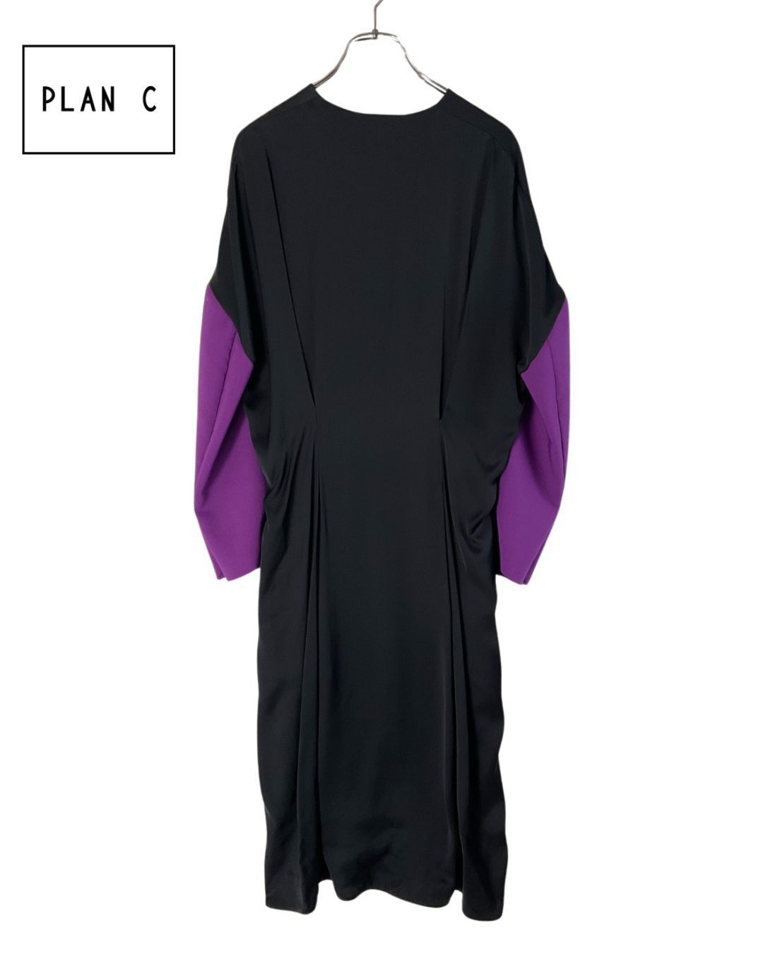 PLAN C プランシー アーム切り替えドロップショルダープリーツドレス ワンピース 38 ブラック×パープル げ交渉
