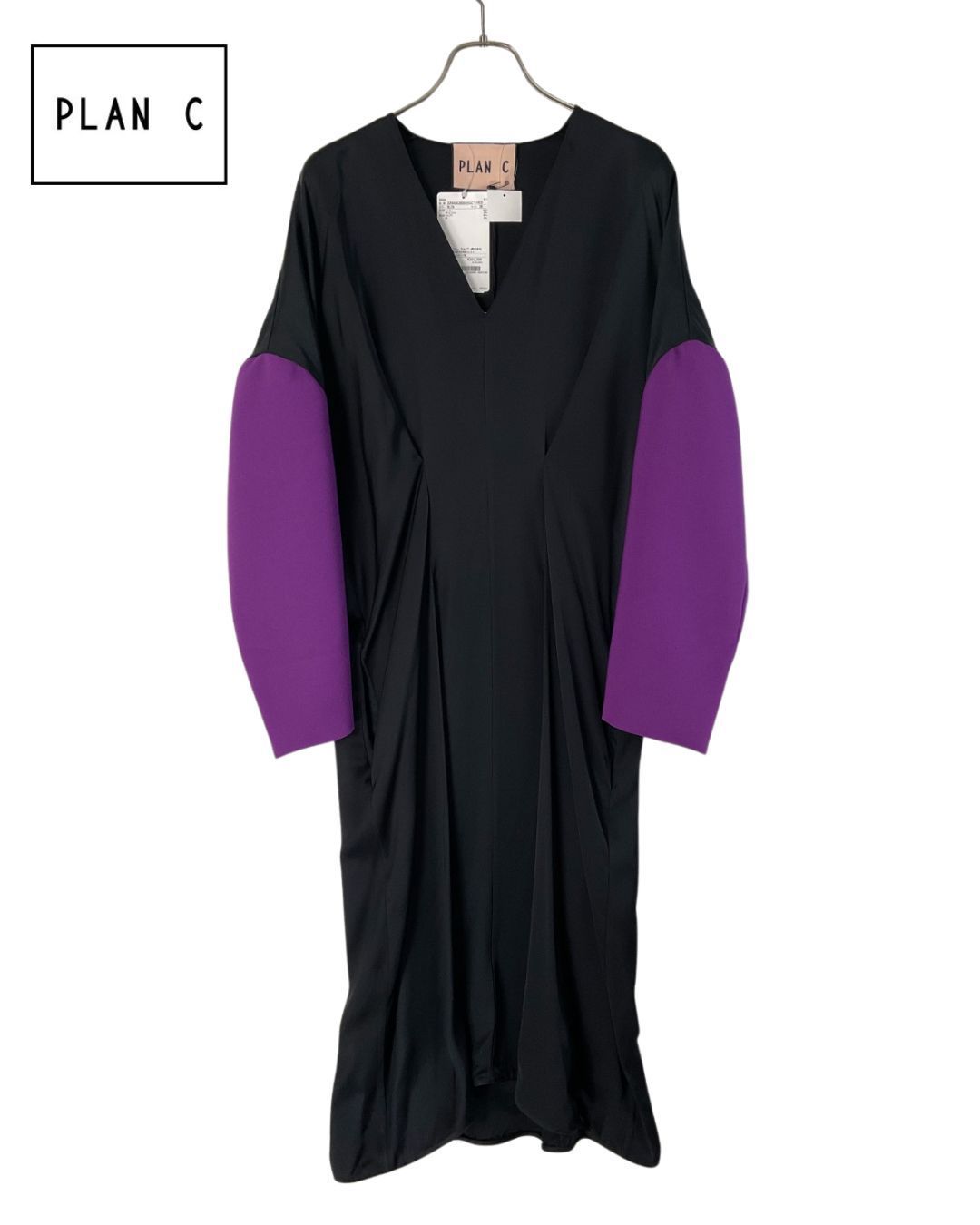 PLAN C プランシー アーム切り替えドロップショルダープリーツドレス ワンピース 38 ブラック×パープル げ交渉