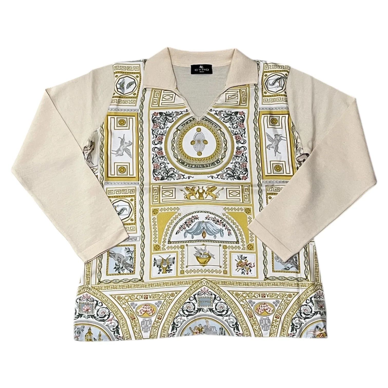 ZM1683 エトロ ETRO シルク切替 ニット 長袖 セーター クリーム系 開襟