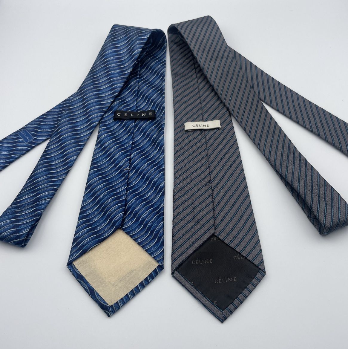 ✱CELINE セリーヌ ✱ ネクタイ 2本セット シルク ストライプ柄 ウェーブ柄 マカダム柄 ブルー グレー イタリア製 ビジネス フォーマル スーツ 紳士服 メンズ ブランド ブランドネクタイ 結婚式 入学式 卒業式