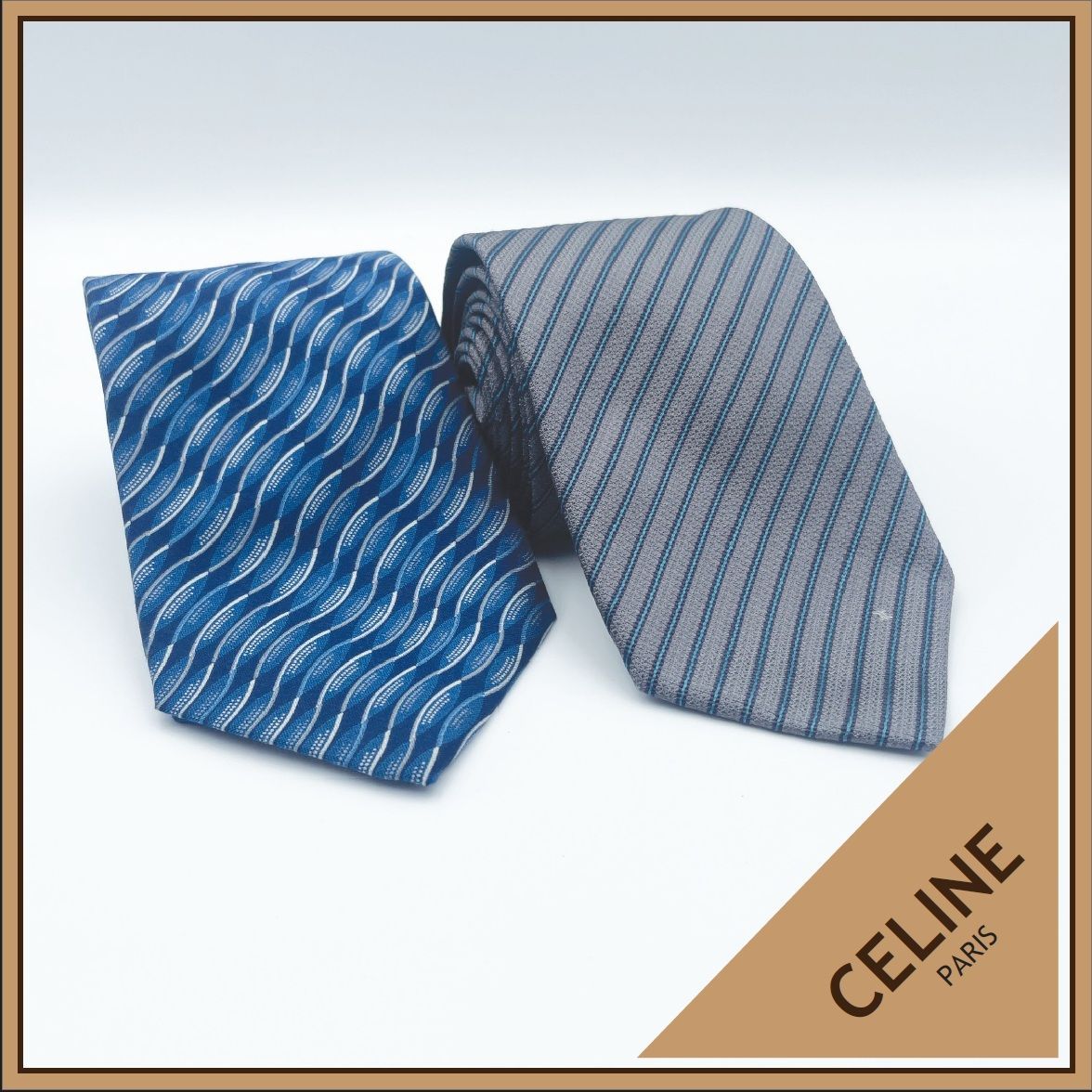 ✱CELINE セリーヌ ✱ ネクタイ 2本セット シルク ストライプ柄 ウェーブ柄 マカダム柄 ブルー グレー イタリア製 ビジネス フォーマル スーツ 紳士服 メンズ ブランド ブランドネクタイ 結婚式 入学式 卒業式