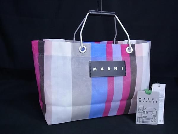 MARNI マルニ フラワーカフェ ナイロン ストライプ ハンドバッグ トートバッグ レディース マルチ FR 4929