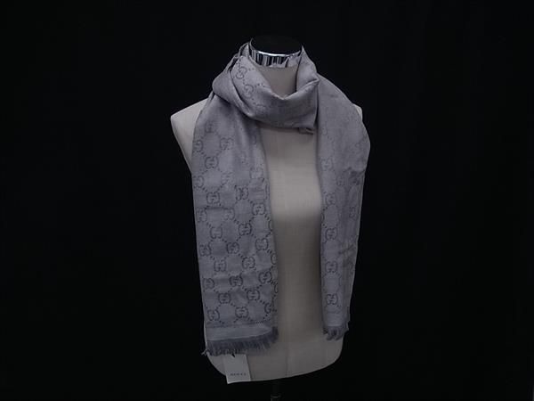 GUCCI グッチ 133483 36200 GG柄 ウール100％ フリンジ マフラー ストール ショール 防寒具 グレー系 FP 7313